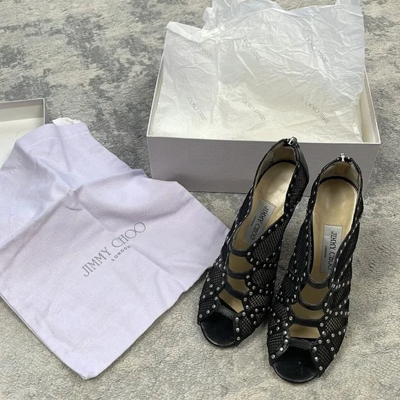 SOLD Jimmy Choo Karina Black Fishnet Studded Calf Leather Cage Heels with Box 37 - Picture 6 of 16